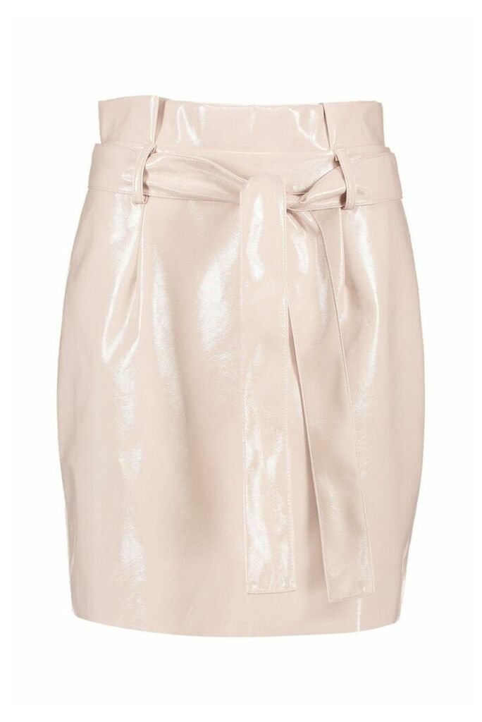 Womens Leather Look Pu Tie Waist Mini Skirt - pink - 14, Pink