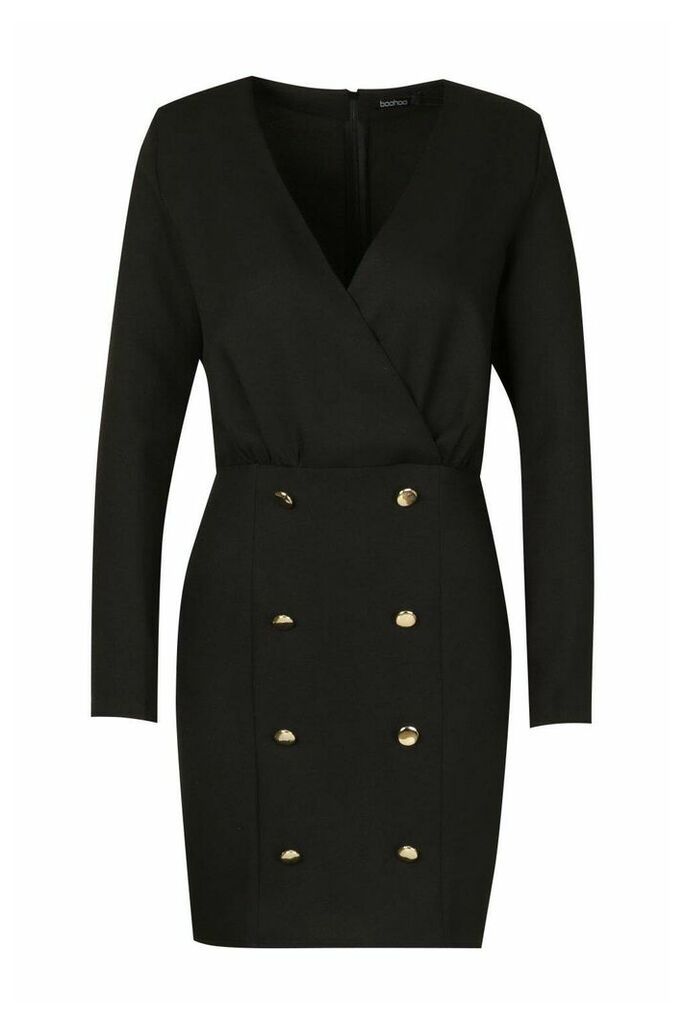 Womens Collarless Blazer Dress With Button Detail - Black - 8, Black