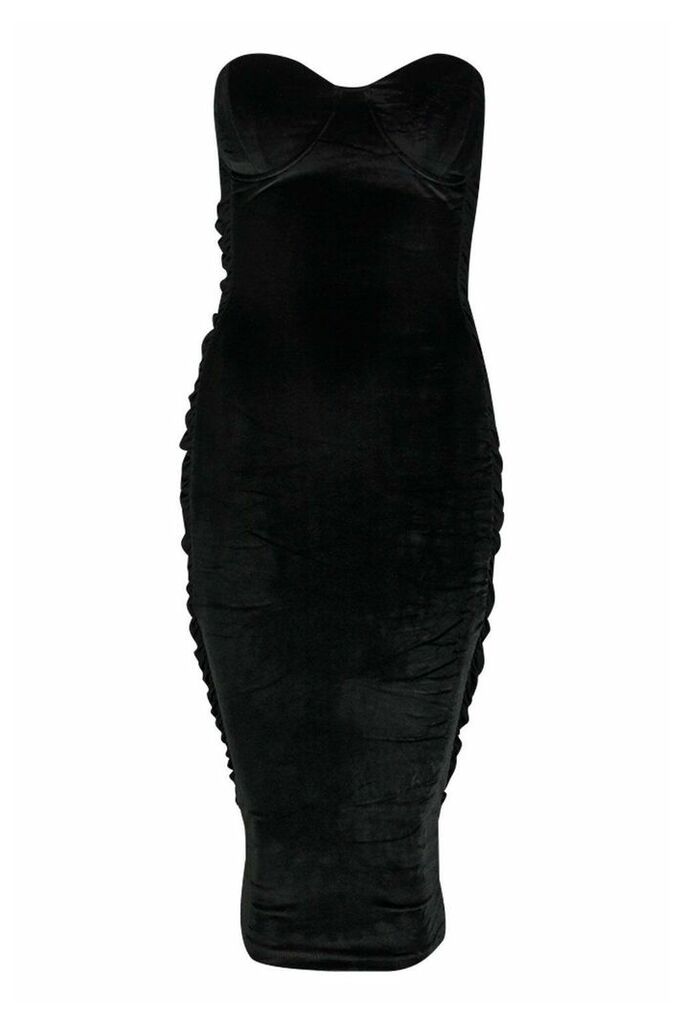 Womens Velvet Ruched Side Bandeau Midi Dress - black - 12, Black
