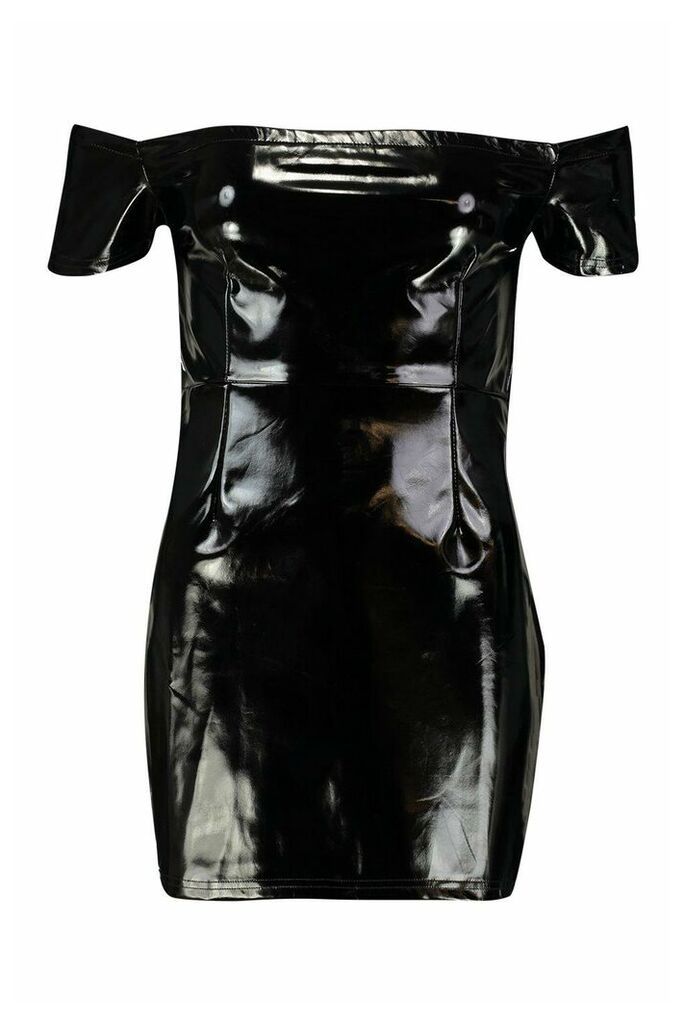 Womens Vinyl Off Shoulder Bodycon Mini Dress - Black - 10, Black