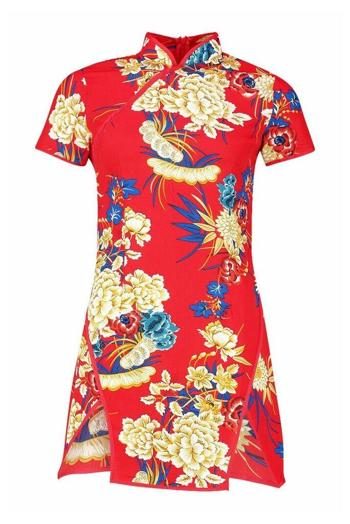Womens High Neck Floral Mini Dress - red - 12, Red