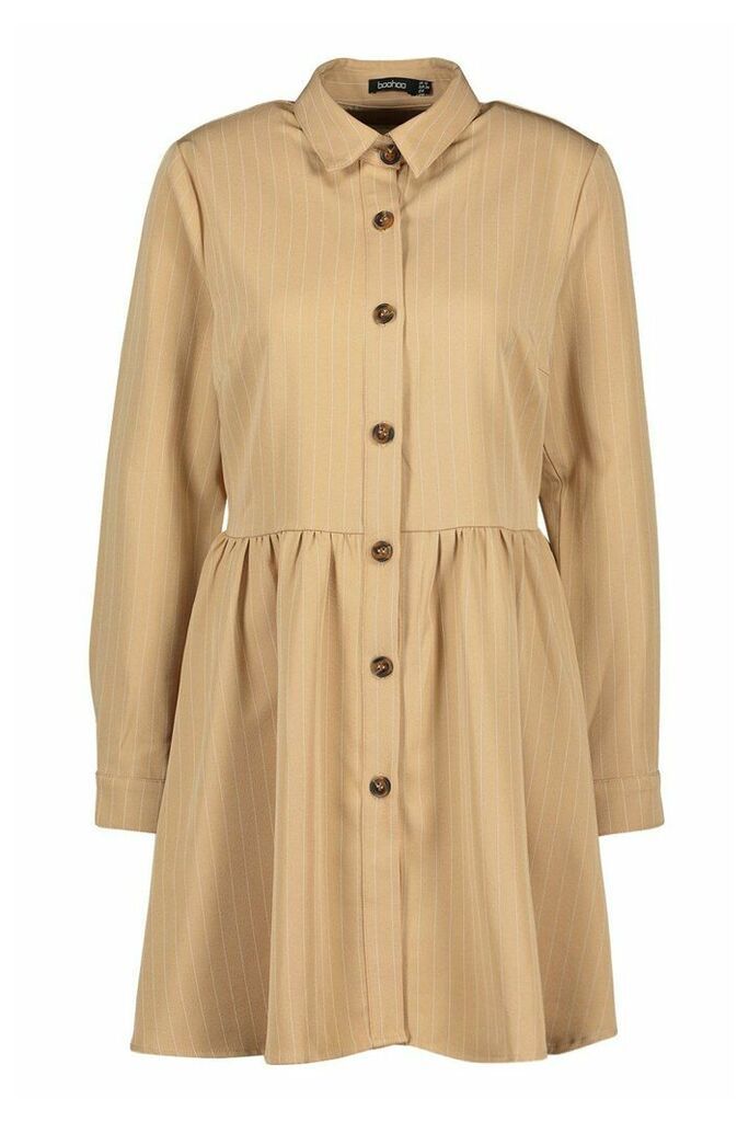 Womens Stripe Button Detail Shirt Dress - beige - 12, Beige