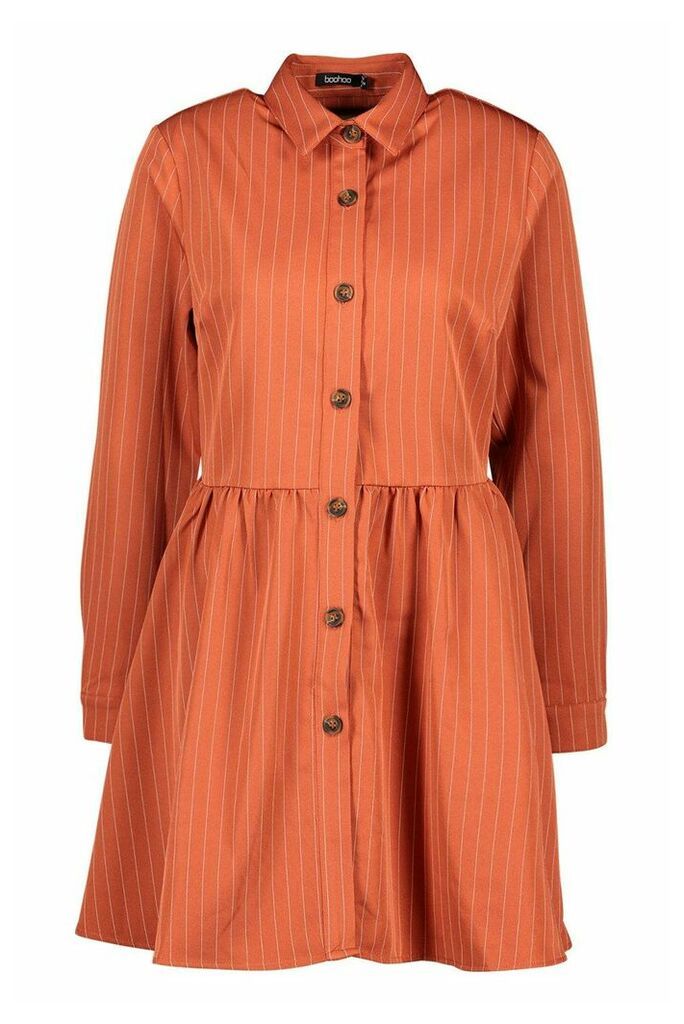 Womens Stripe Button Detail Shirt Dress - orange - 10, Orange