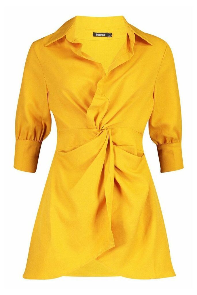 Womens Twist Front Shirt Dress - yellow - 12, Yellow
