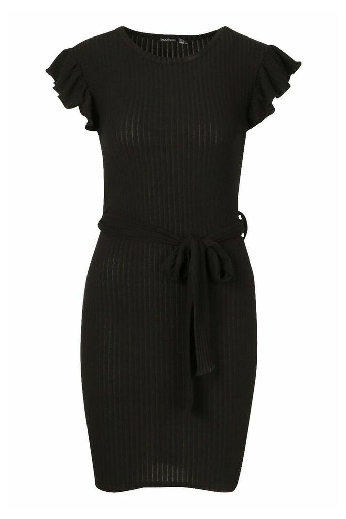 Womens Rib Flutter Sleeve Belted Mini Dress - black - 14, Black