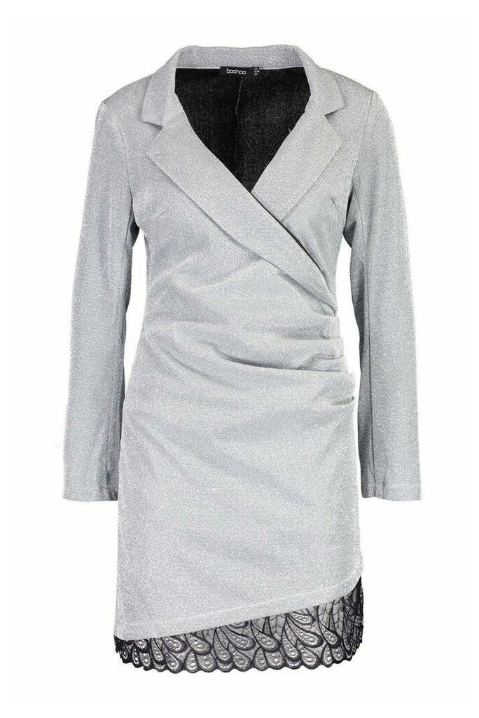 Womens Structured Glitter Lace Trim Dress - grey - 10, Grey