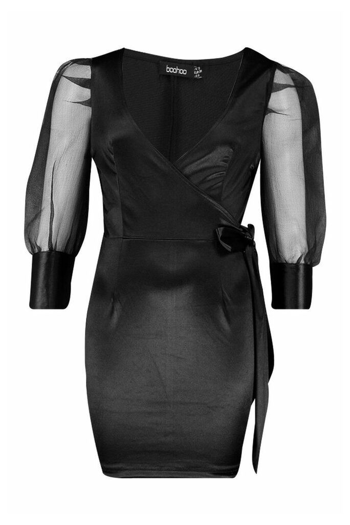 Womens Organza Ruffle Sleeve Mini Dress - Black - 14, Black