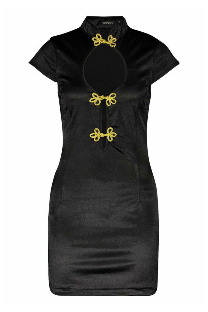 Womens Frogging Detail Stretch Satin Mini Dress - black - 12, Black