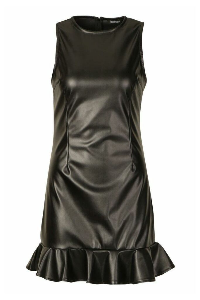 Womens PU Sleeveless Ruffle Hem Dress - black - 8, Black