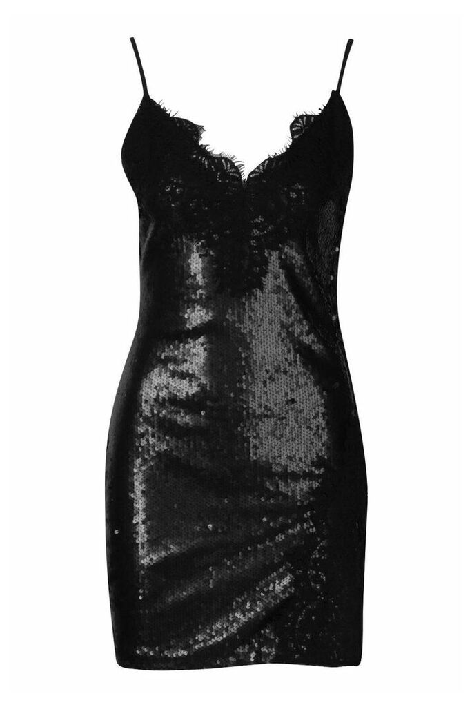Womens Sequin Lace Mix Slip Mini Dress - black - 14, Black
