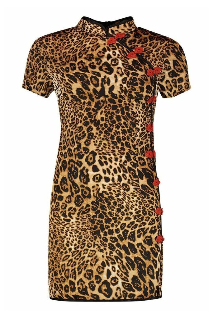 Womens Oriental Style Leopard Print Mini Dress - brown - 14, Brown