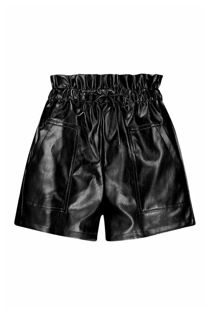 Womens Pu Paper Bag Shorts - black - 14, Black