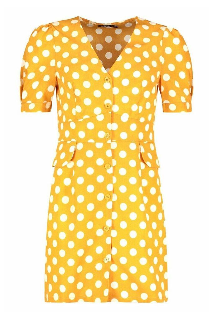 Womens Woven Polka Dot Pocket Detail Shift Dress - Yellow - 14, Yellow