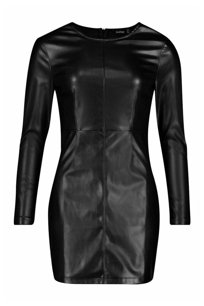 Womens PU Long Sleeve Mini Dress - black - 10, Black