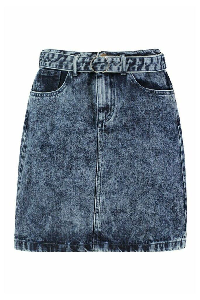 Womens Acid Wash Belted Denim Mini Skirt - Blue - 6, Blue