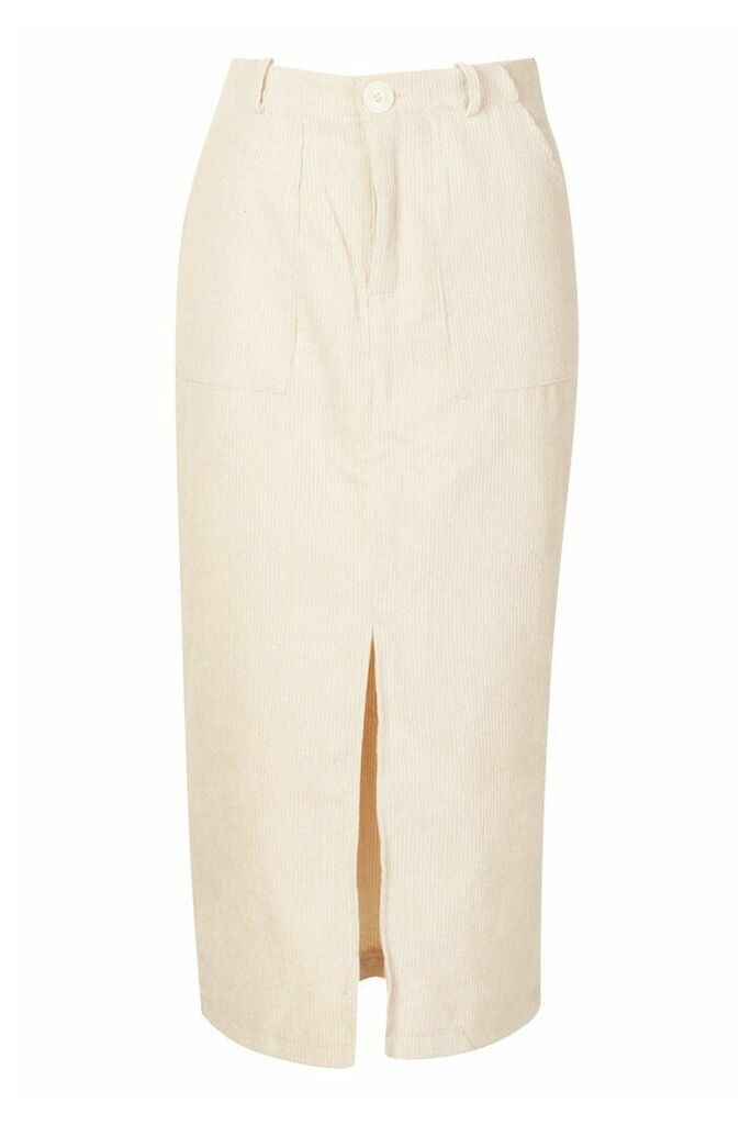 Womens Cord Slit Front Midi Skirt - cream - 10, Cream