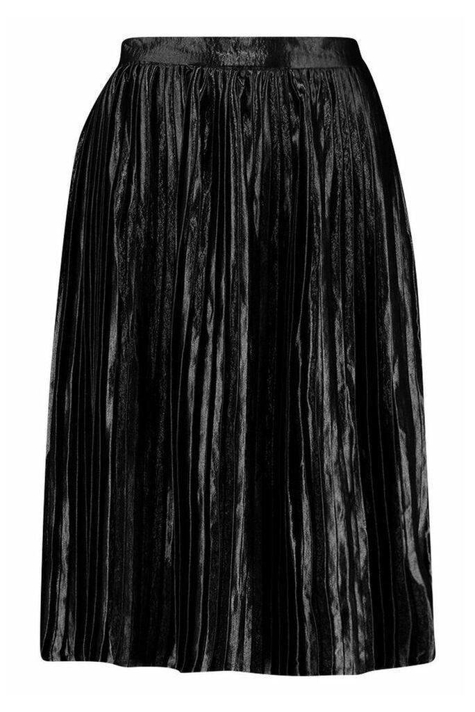 Womens Pleated Satin Midi Skirt - black - 14, Black
