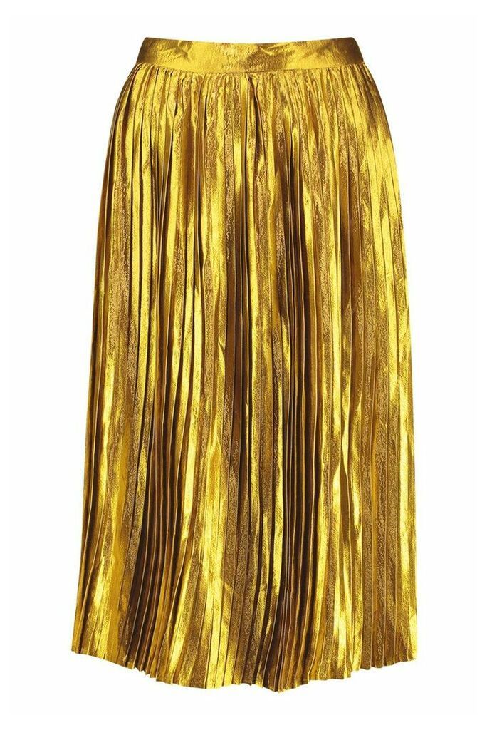Womens Pleated Satin Midi Skirt - yellow - 12, Yellow