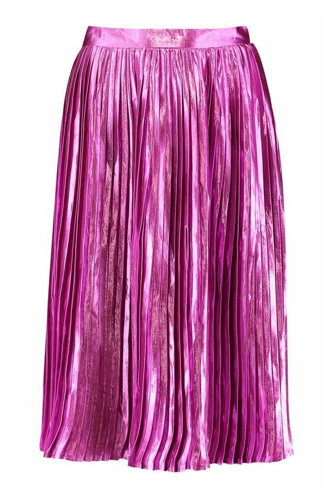 Womens Pleated Satin Midi Skirt - Pink - 10, Pink