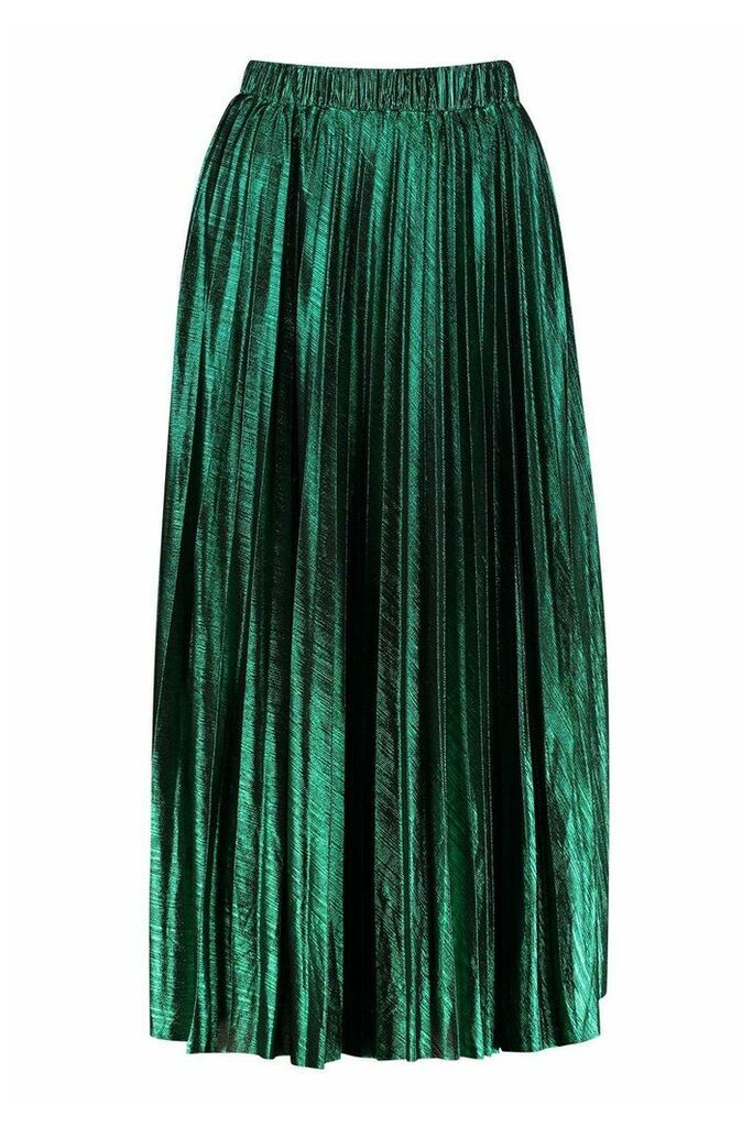 Womens Pleated Metallic Midi Skirt - Green - 14, Green