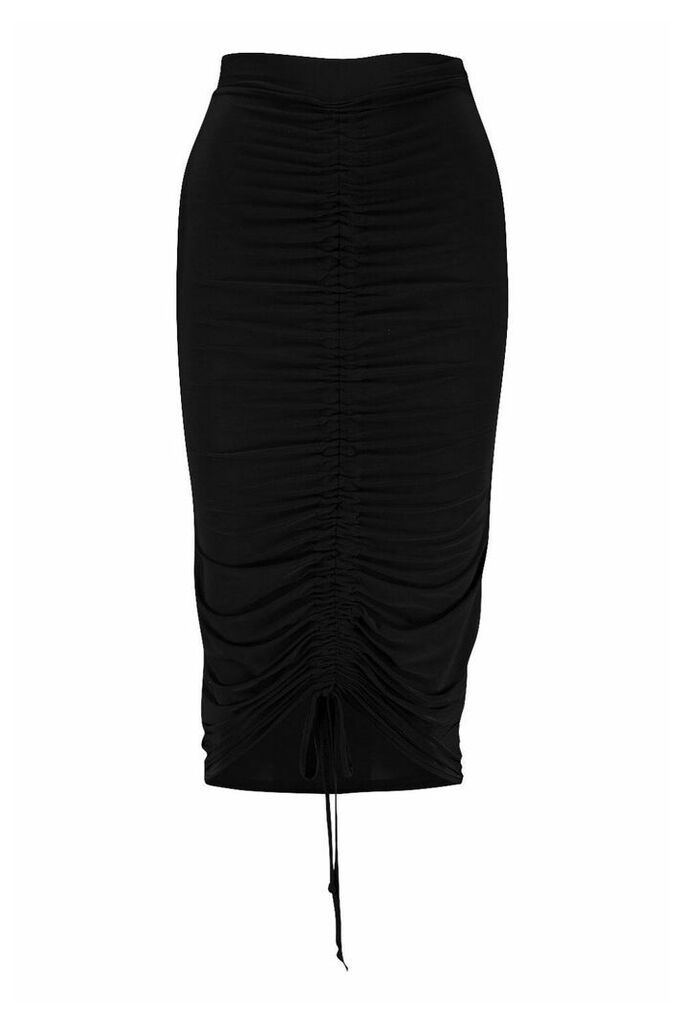 Womens Ruched Drawstring Midi Skirt - black - 10, Black