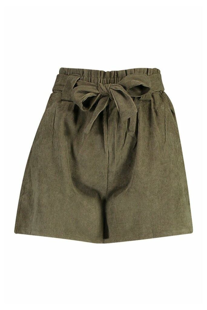 Womens Paperbag Waist Baby Cord Shorts - green - L, Green