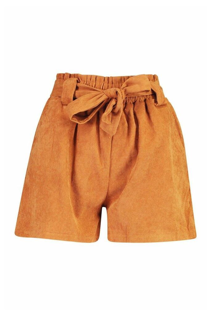 Womens Paperbag Waist Baby Cord Shorts - brown - S, Brown