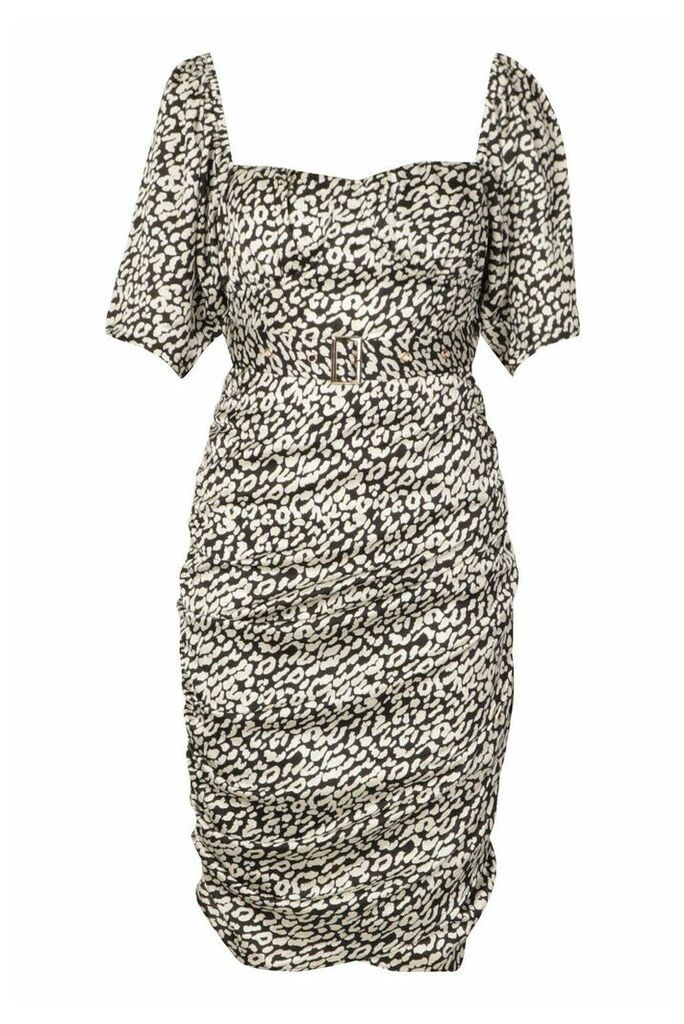 Womens Mono Leopard Peasant Sleeve Belted Dress - white - 12, White