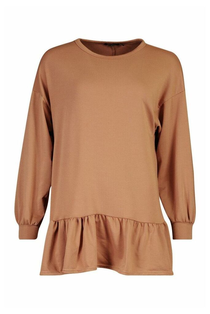 Womens Drop Hem Long Sleeve Sweatshirt Dress - Beige - 14, Beige