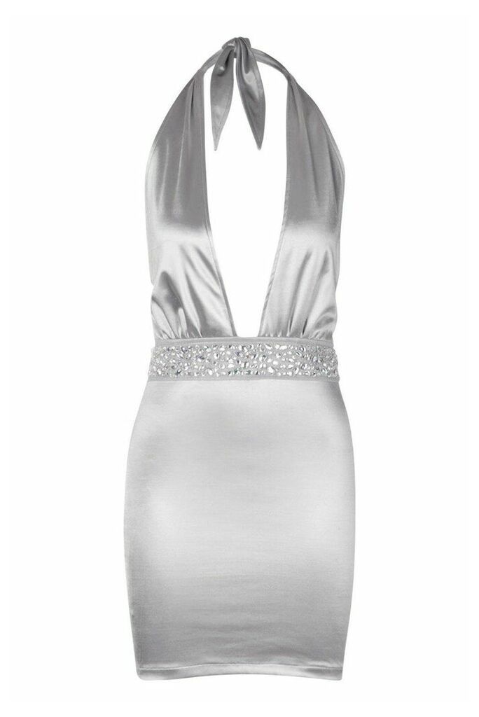 Womens Stretch Satin Jewel Detail Mini Dress - grey - 10, Grey