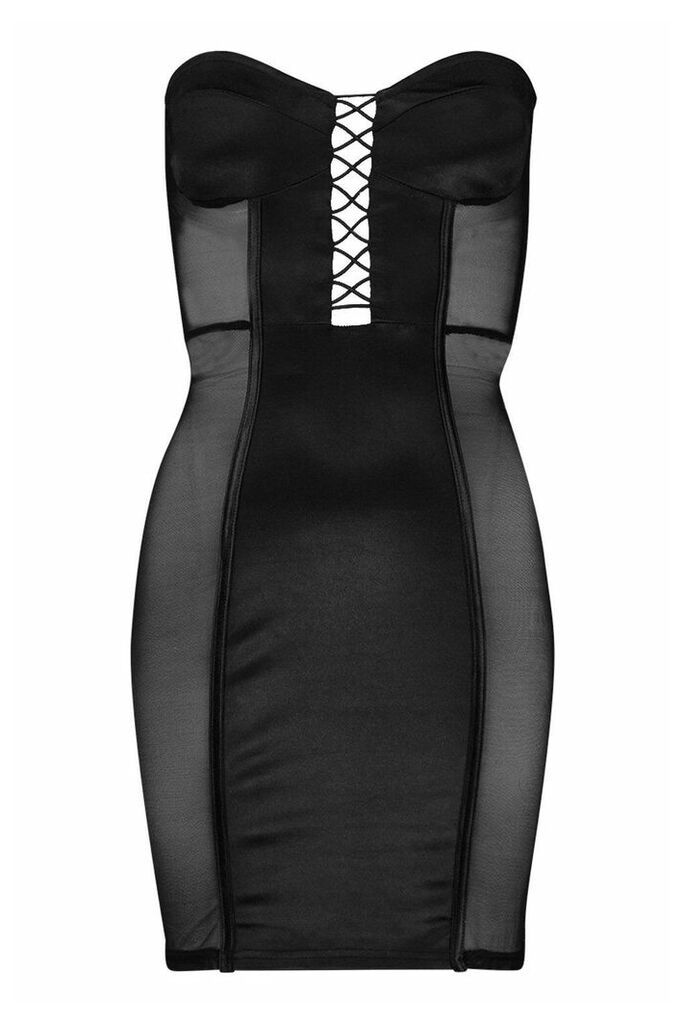 Womens Satin Cross Hatch Mesh Panel Mini Dress - black - 14, Black