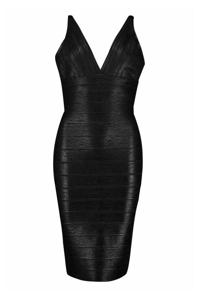 Womens Boutique Plunge Wet Look Bandage Midi Dress - Black - 8, Black