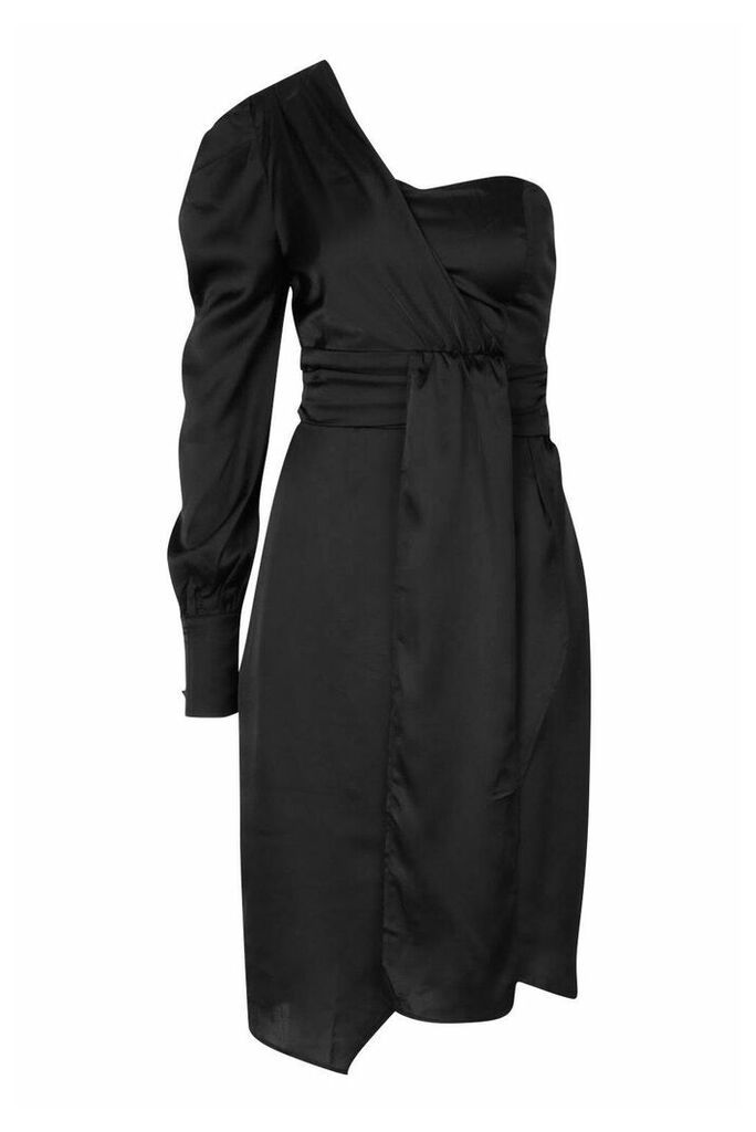 Womens Satin One Shoulder Twist Front Midi Dress - black - 12, Black