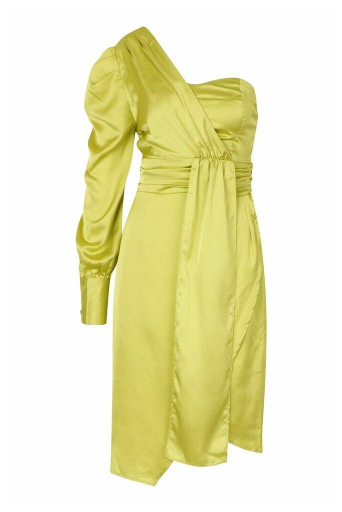 Womens Satin One Shoulder Twist Front Midi Dress - yellow - 8, Yellow
