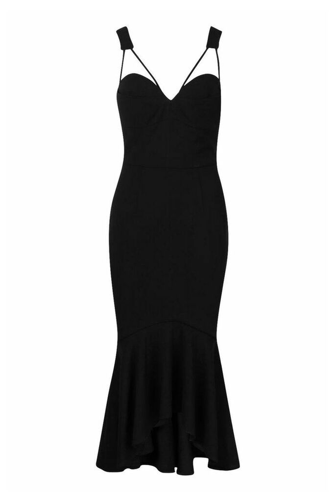 Womens Cupped Strap Detail Fishtail Midi Dress - black - 14, Black