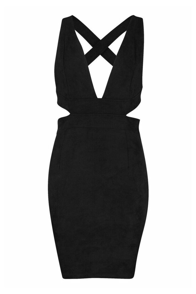 Womens Suedette Plunge Cross Back Mini Dress - black - 14, Black