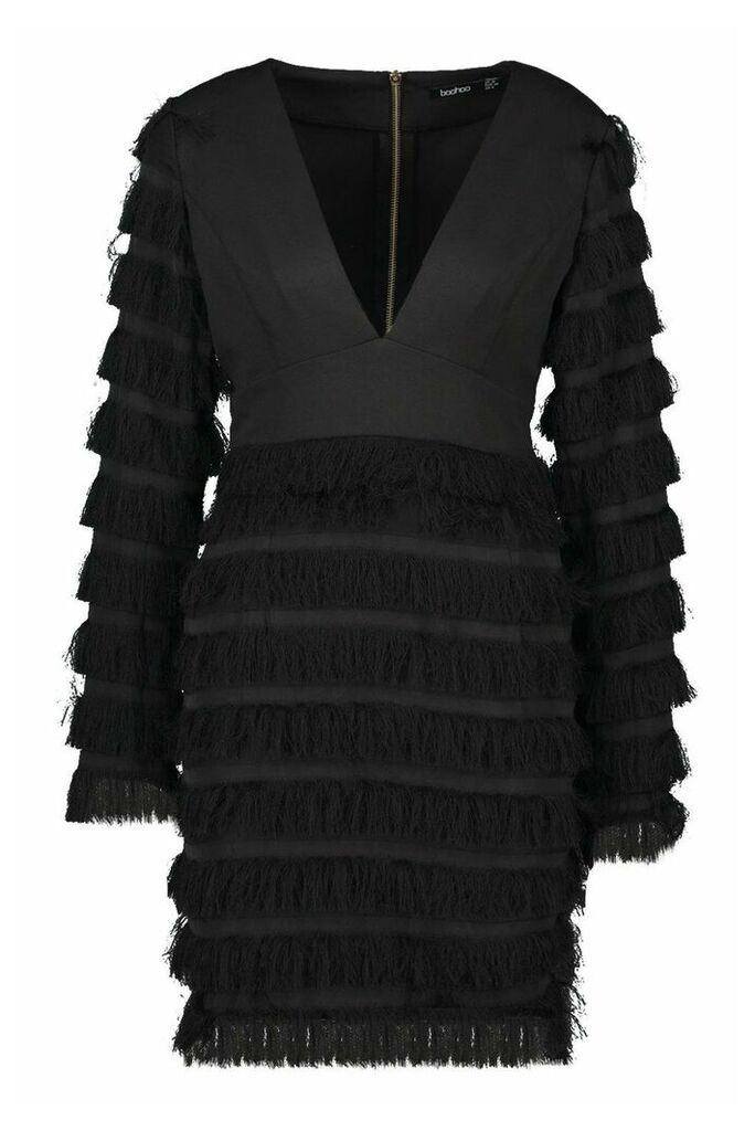 Womens Fringe Plunge Sleeve Mini Dress - black - 12, Black