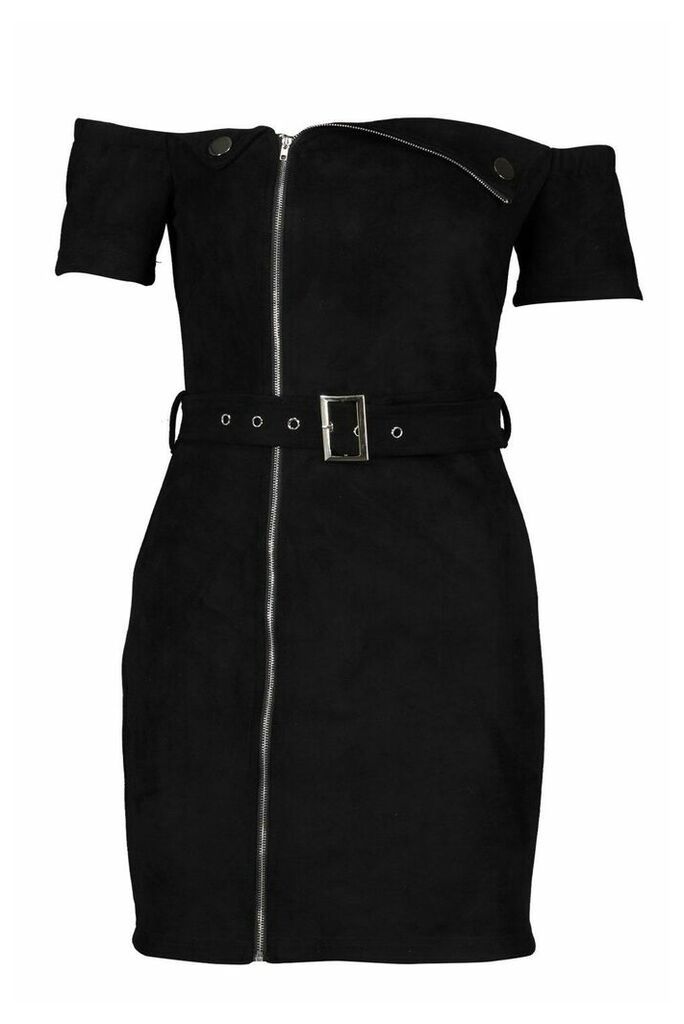 Womens Faux Suede Biker Belted Mini Dress - black - 8, Black