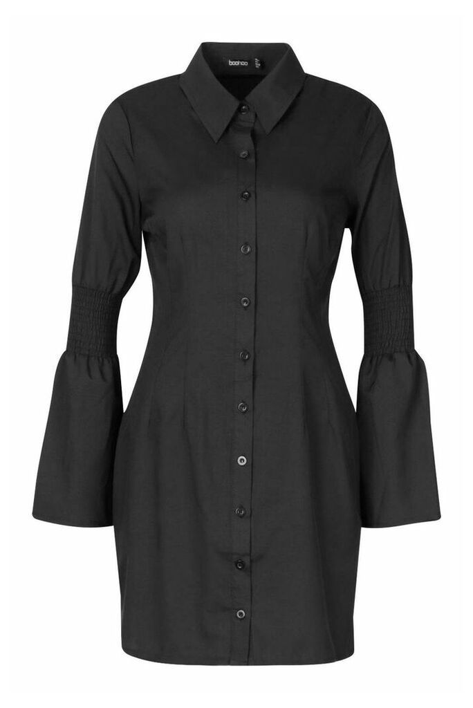 Womens Shirred Sleeve Shirt Dress - black - 14, Black