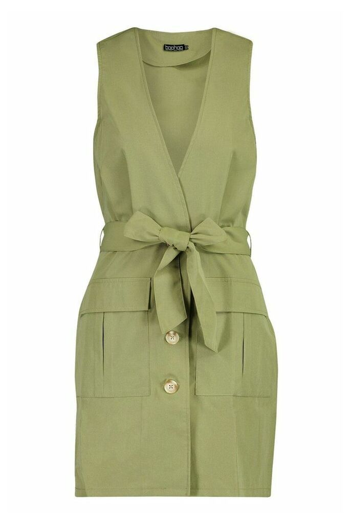 Womens Woven Plunge Double Pocket Utility Blazer Dress - Green - 10, Green