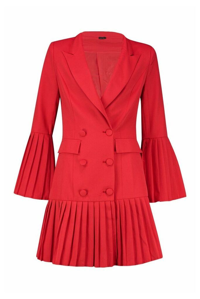 Womens Pleated Hem & Sleeve Blazer Dress - Red - 8, Red