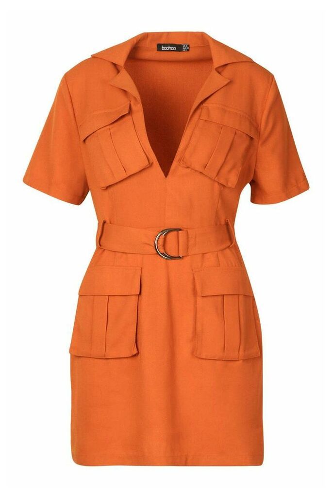 Womens Woven Double Pocket Belted Utility Dress - orange - 10, Orange