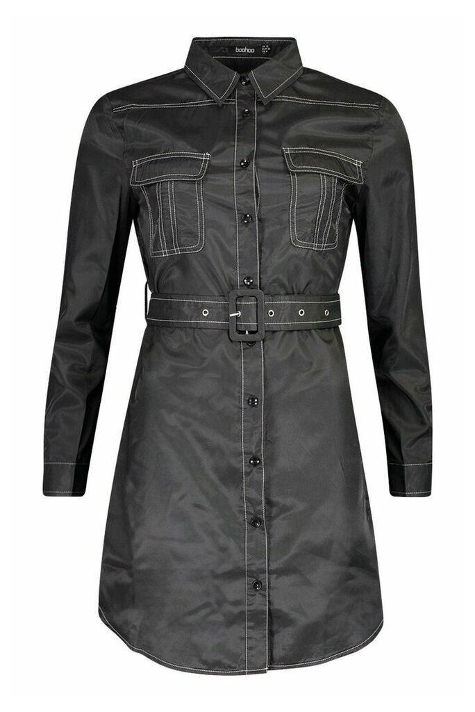 Womens Woven Contrast Stitch Belted Shirt Dress - black - 14, Black