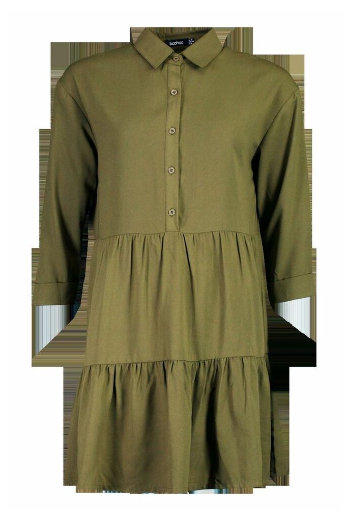 Womens Woven Tierred Utility Shirt Smock Dress - green - 8, Green