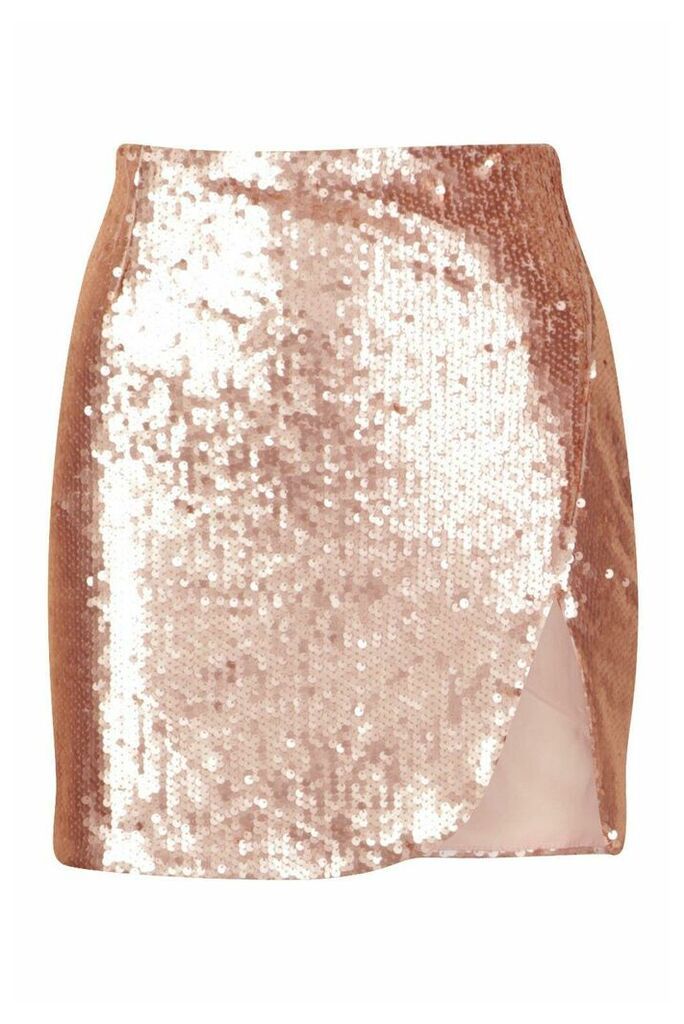 Womens Sequin Split Front Mini Skirt - beige - 14, Beige