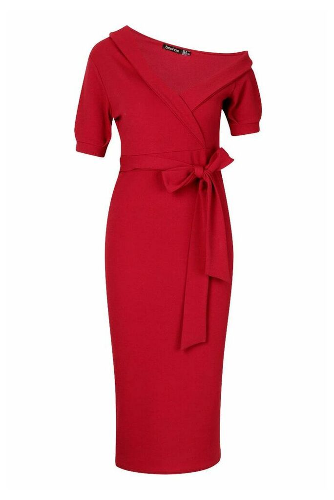 Womens One Shoulder Puff Sleeve Wrap Midi Dress - red - 8, Red