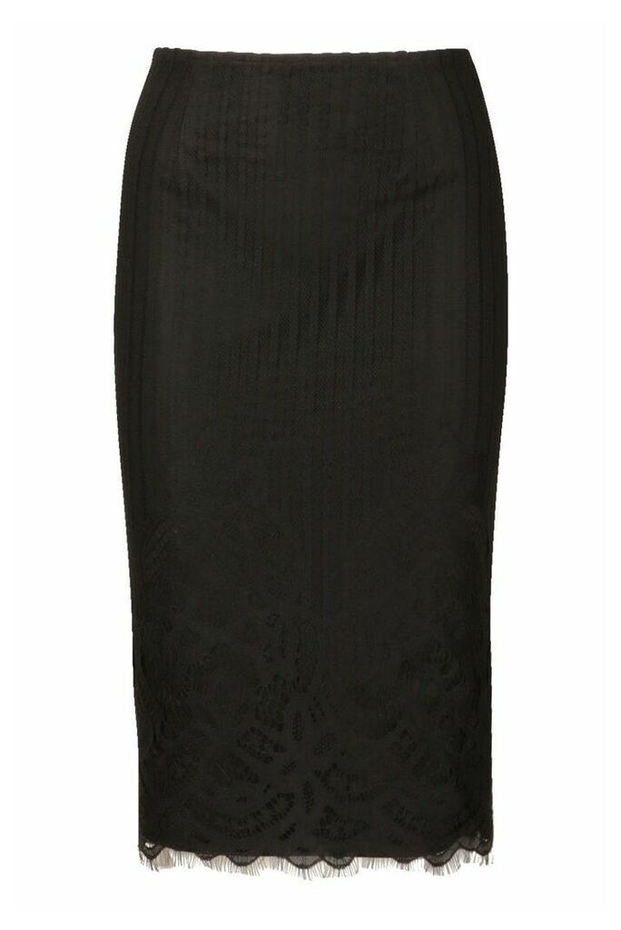 Womens Lace Stripe Midi Skirt - black - 14, Black