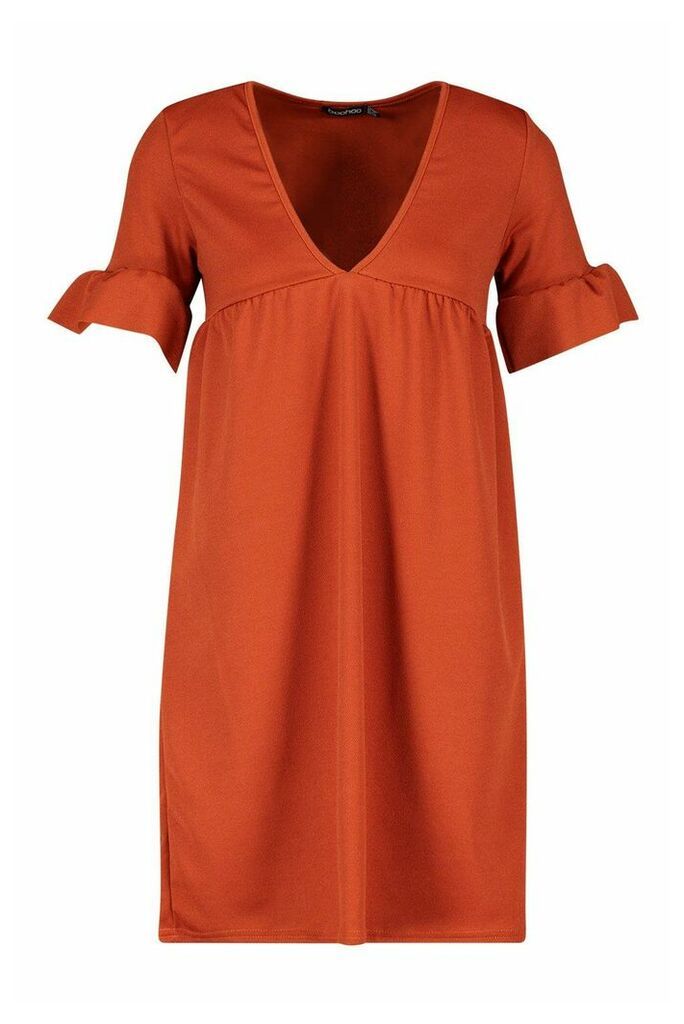 Womens Ruffle V Neck Smock Dress - orange - 8, Orange