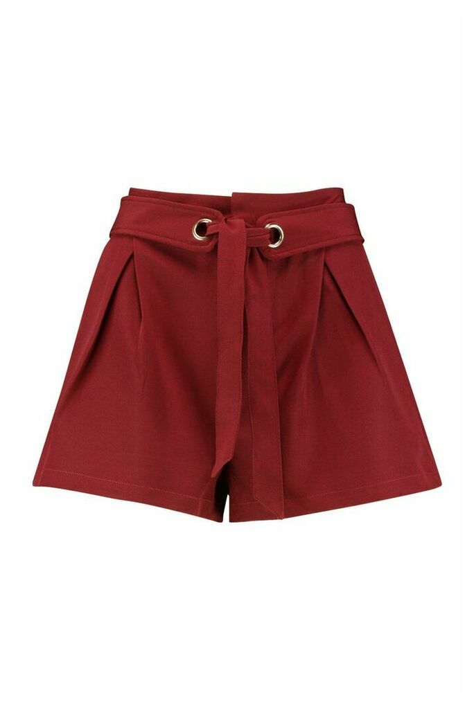 Womens Tailored Belted Shorts - 12, Red