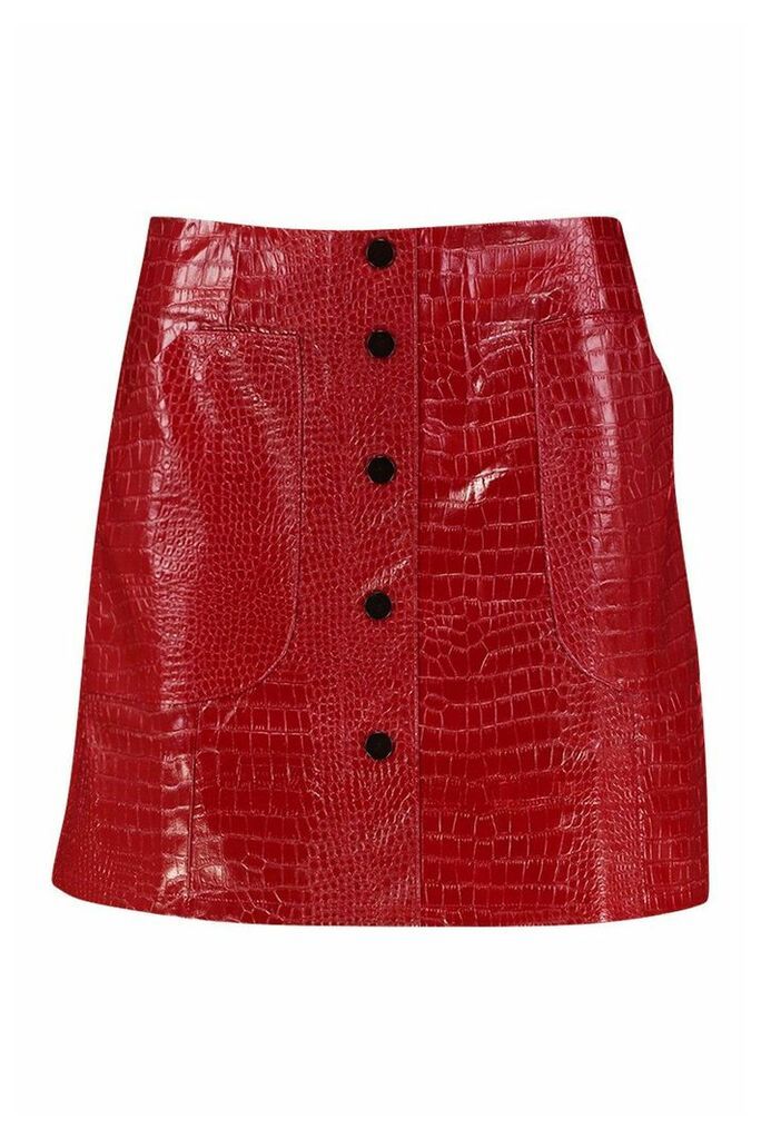 Womens Mock Croc Pocket Detail Leather Look Mini Skirt - red - 16, Red